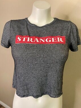 Hippie Chic STRANGER graphic super soft stretchy pinstripe crop tee XS 🖤